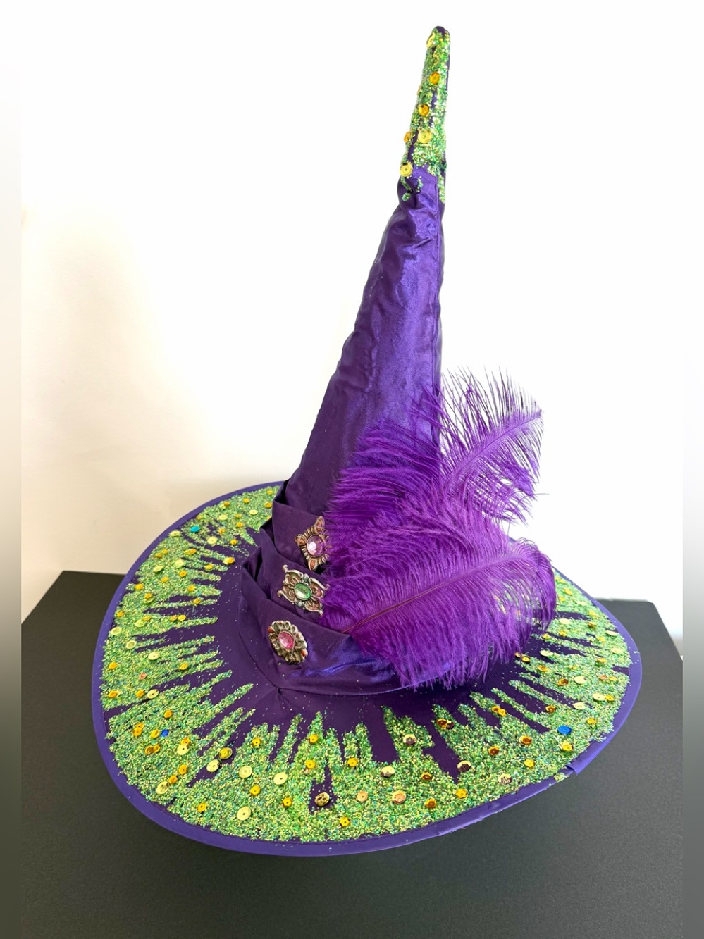 Purple Witch Hat satin ostrich feathers Green sparkle Trim brim one size adult - Picture 12 of 12